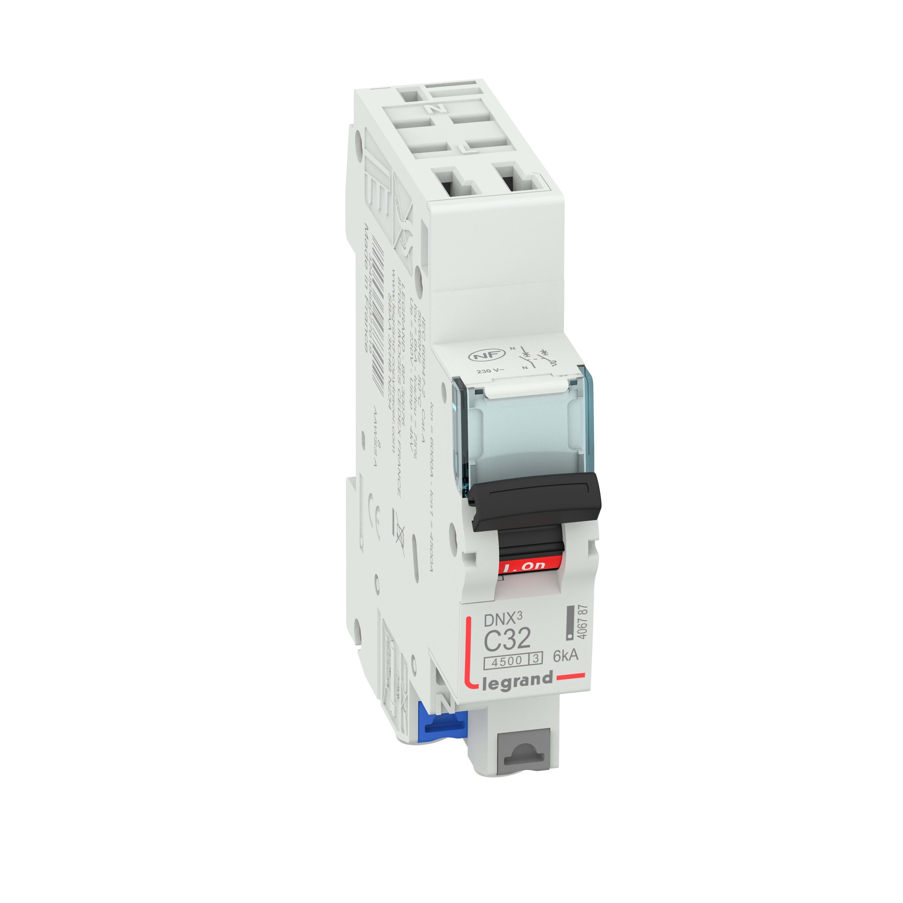 Legrand - Disjoncteur DNX3 4500 - auto/auto - U+N 230V~ 32A - 4,5kA - courbe C - 1 module