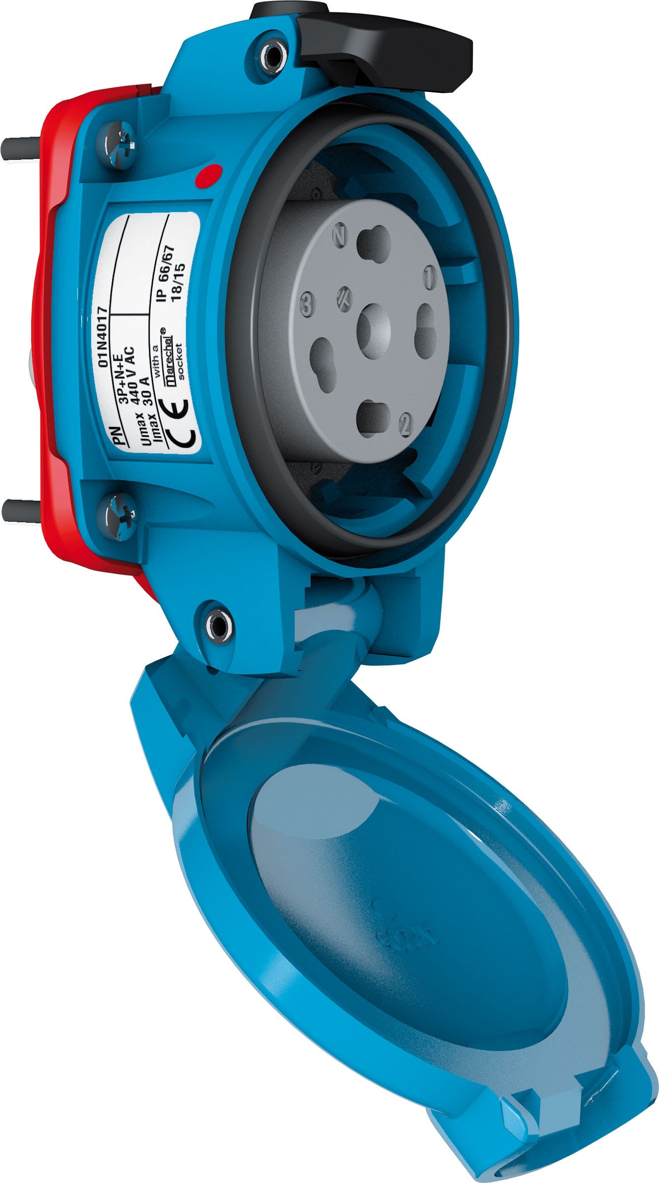 Marechal - PN Prise F EDF Plastique Bleu IP66/67 2P+T 16A-30A 24V AC Couvercle à Rappel