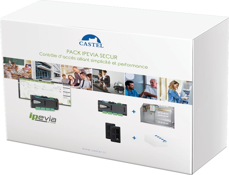 Castel - 1 centrale IPEVIA SECUR, 2 lecteurs LP40 EVO, 5 badges BPSECUR, coffret alim 12V