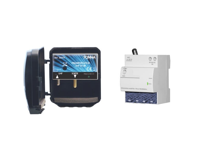 TONNA - KIT Préamplificateur UHF 4G 35dB et Alimentation modulaire 12V -4 sorties RJ45TV