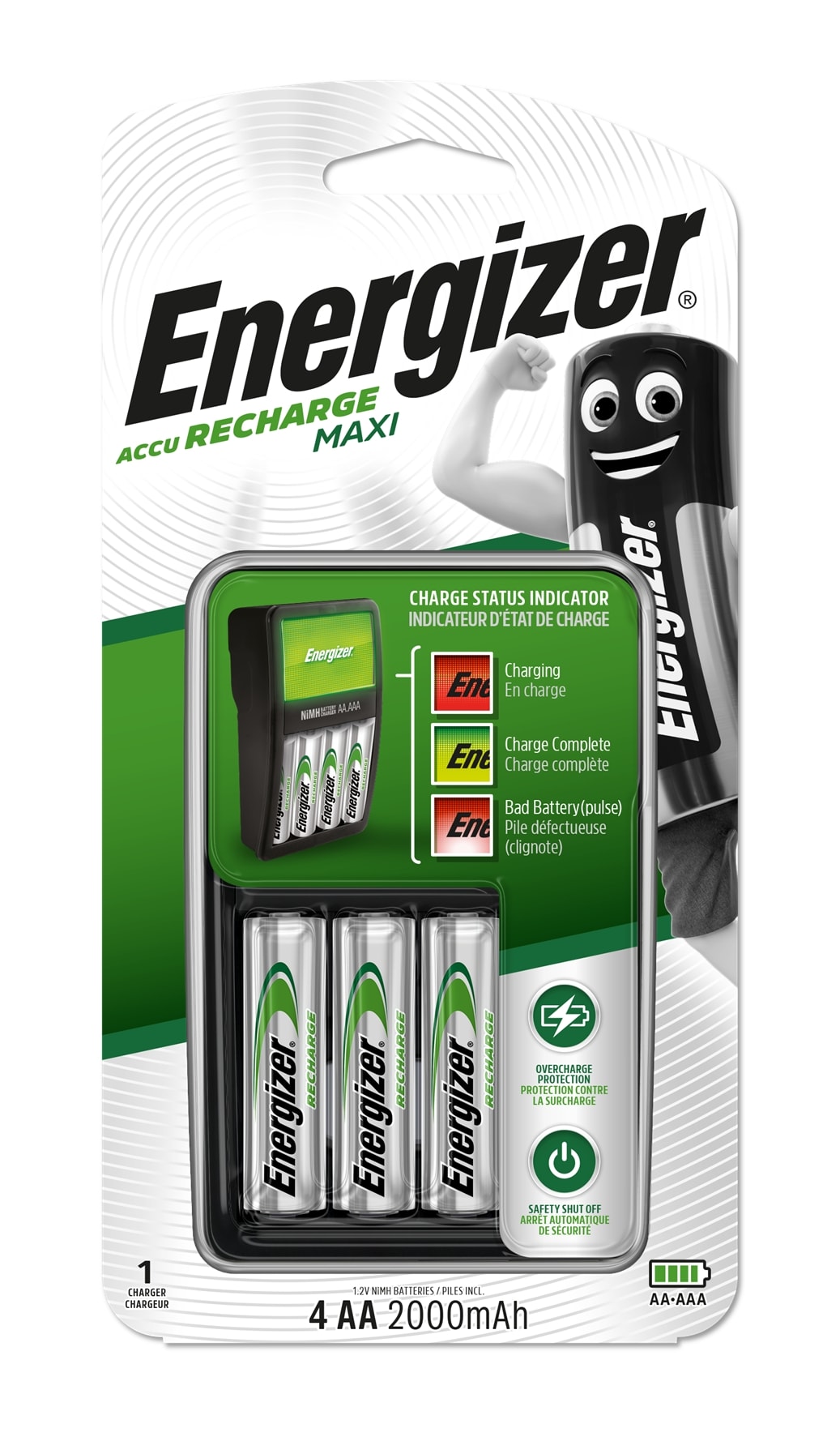 Energizer - Chargeur Maxi 2000 mAh recharge 4 piles AA ou AAA avec indicateur de chargement