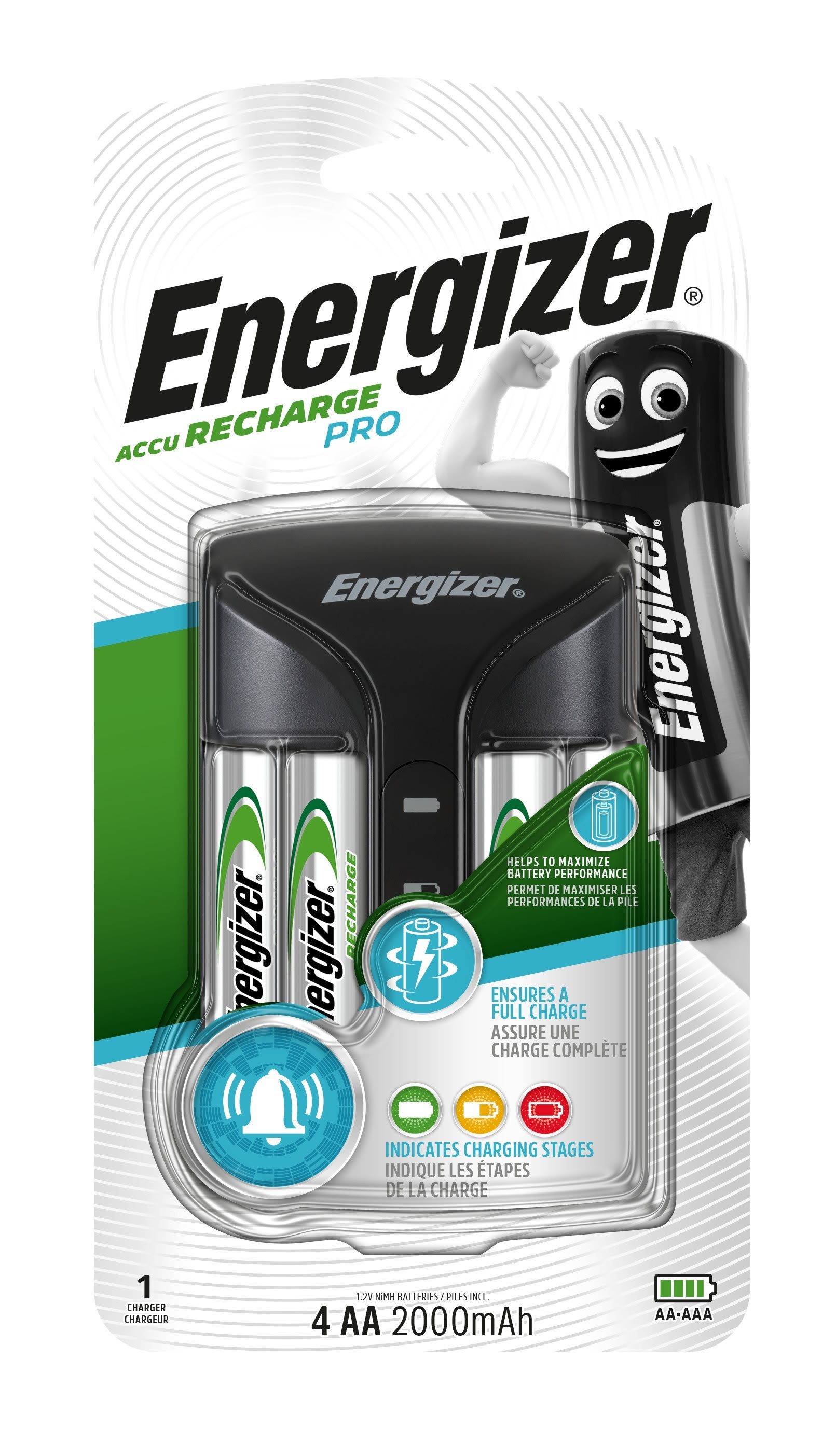 Energizer - Chargeur Pro 2000 mAh recharge 4 piles AA ou AAA avec indicateur de chargement