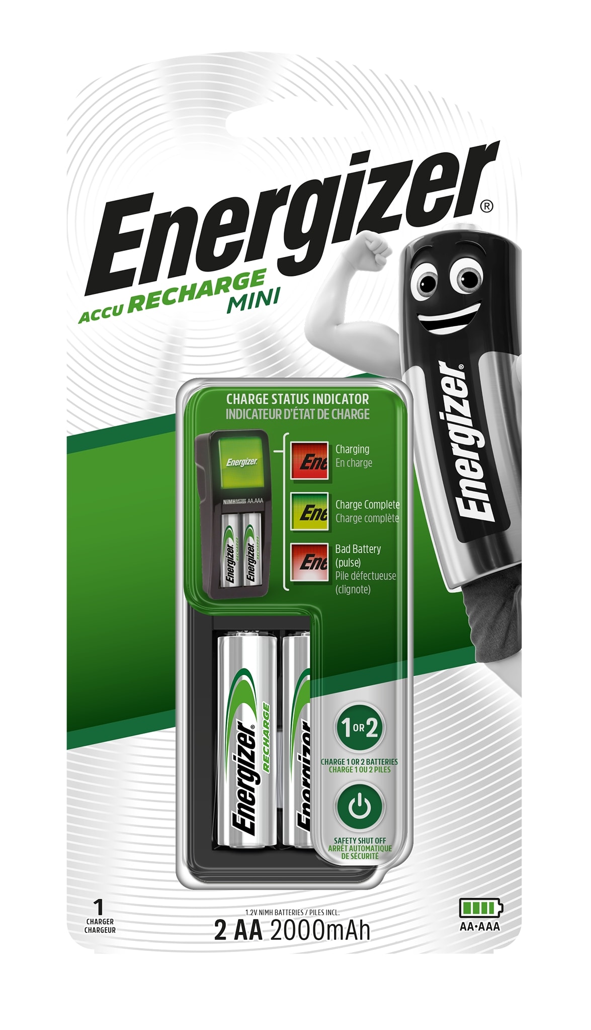 Energizer - Mini chargeur 2 x AA/LR06 recharge 2 piles AA/LR06 avec indicateur de charge