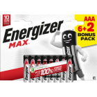 Energizer - Pile Max AAA/LR03 x 6+2 sans risque pour vos appareils avec garantie 0 coulure