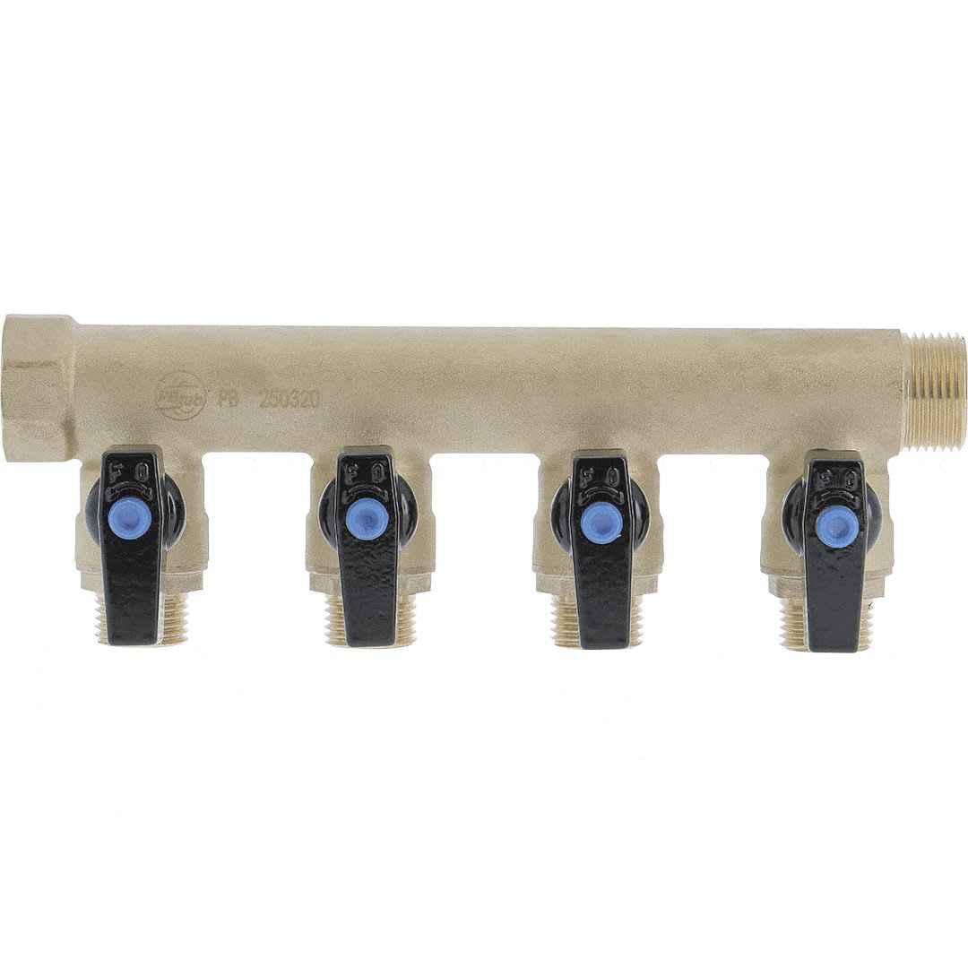 PB Tub - Collecteur 3/4"-4 Vannes intégrées 1/2" Capuchon bleu/rouge-Entraxe 50mm