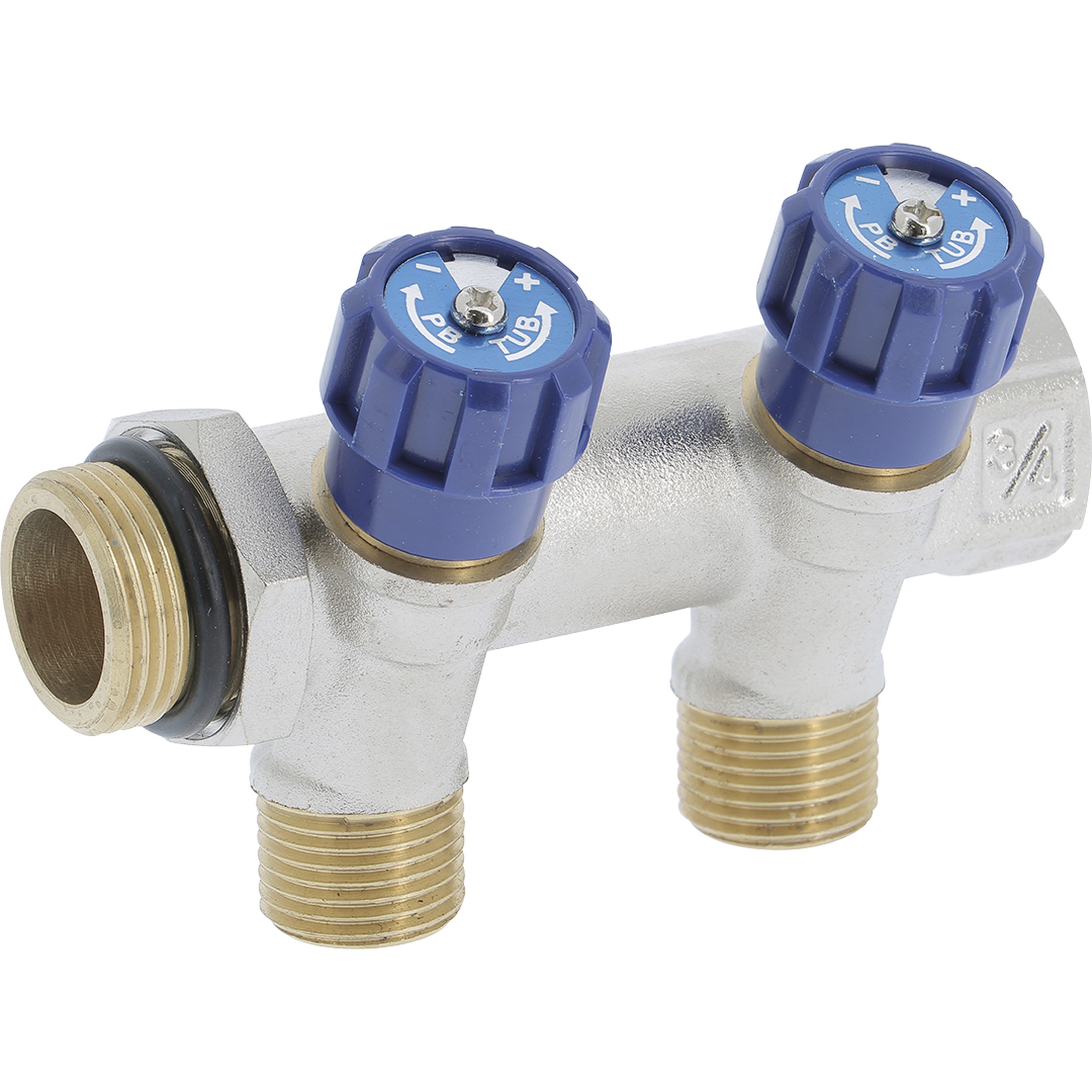 PB Tub - Collecteur 3/4"Robinet Bleu-2 dériv.1/2" Entraxe 50mm-Ø27mm-Système Alignement