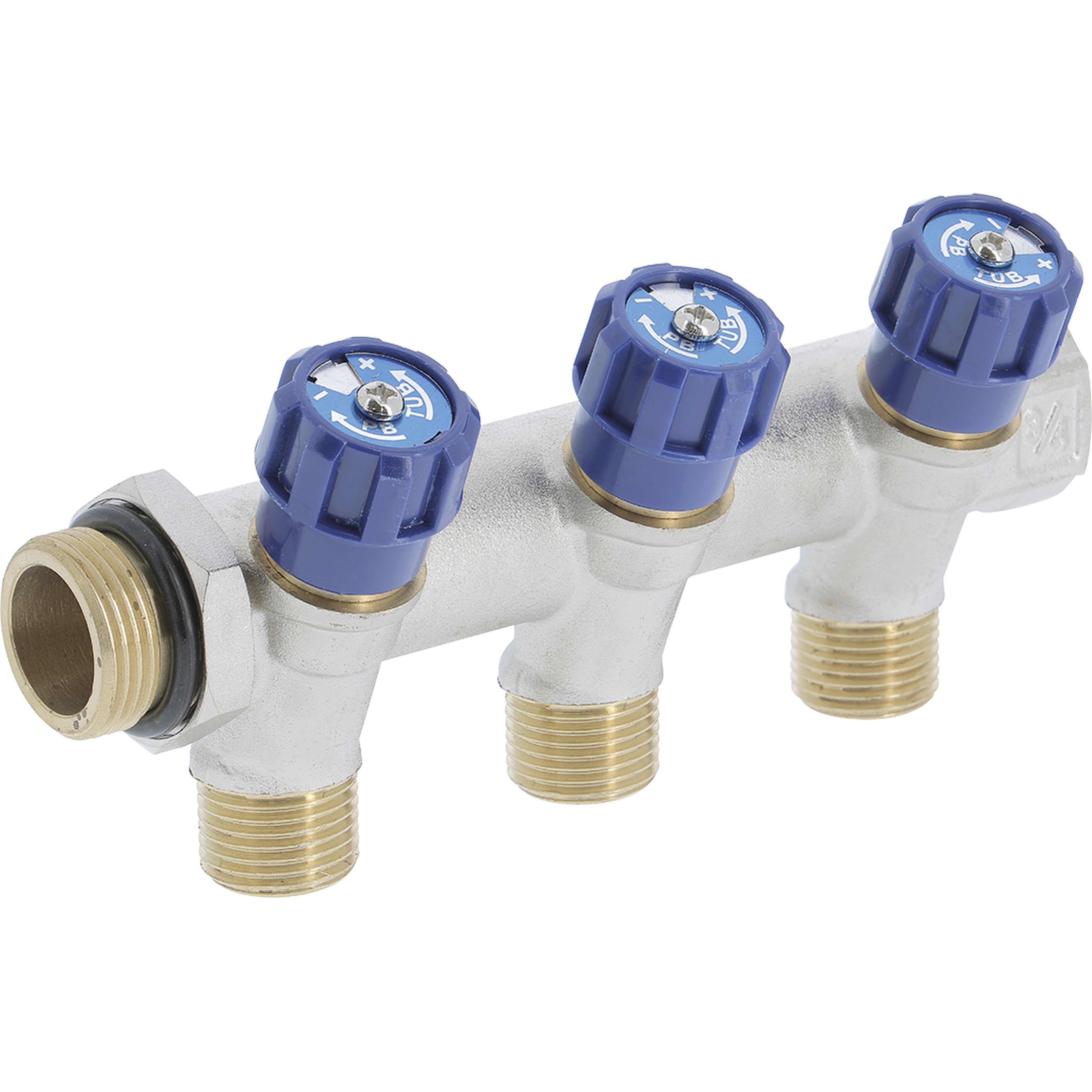 PB Tub - Collecteur 3/4"Robinet Bleu-3 dériv.1/2" Entraxe 50mm-Ø27mm-Système Alignement