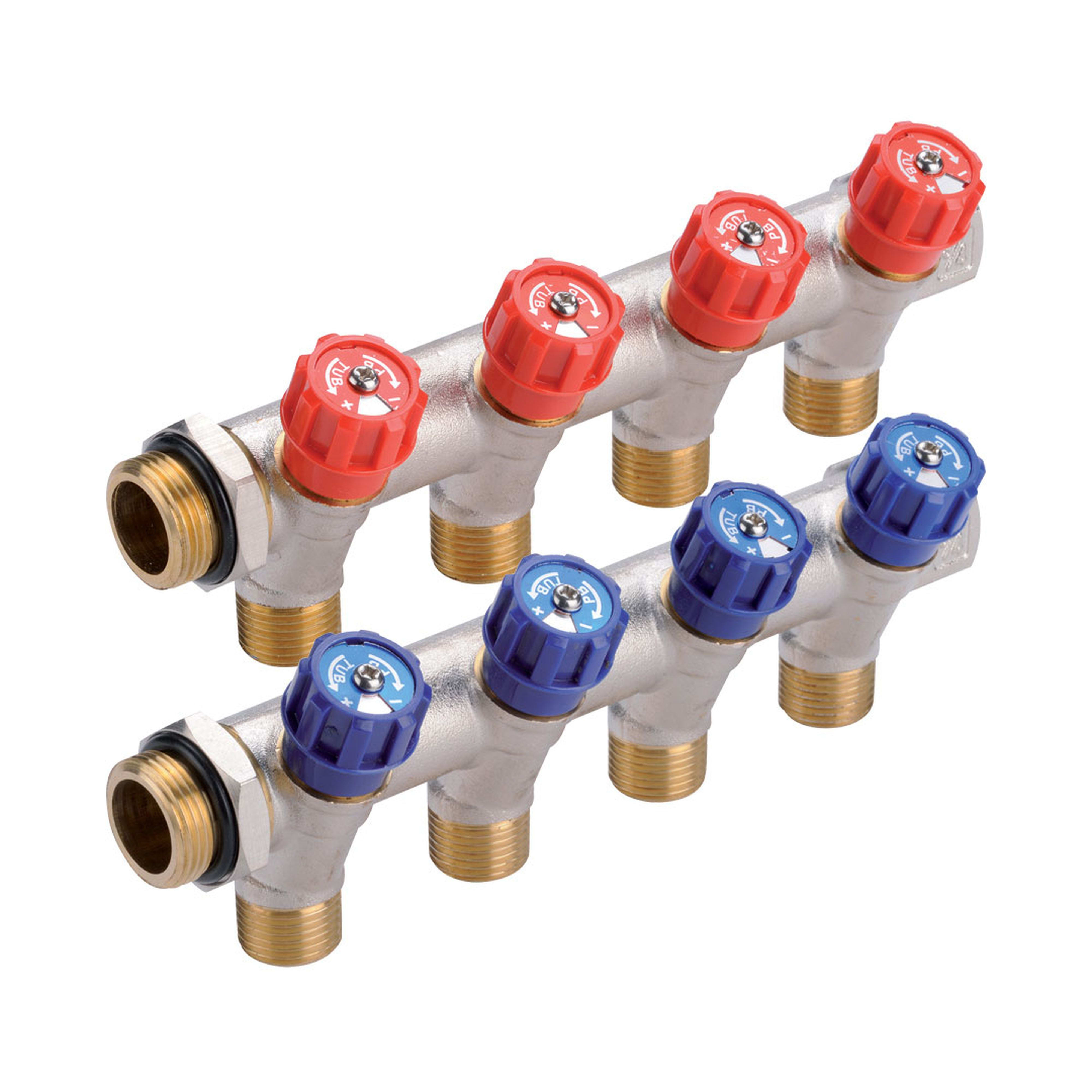 PB Tub - Collecteur 3/4"Robinet Rouge-2 dériv1/2" Entraxe 50mm-Ø27mm-Système Alignement