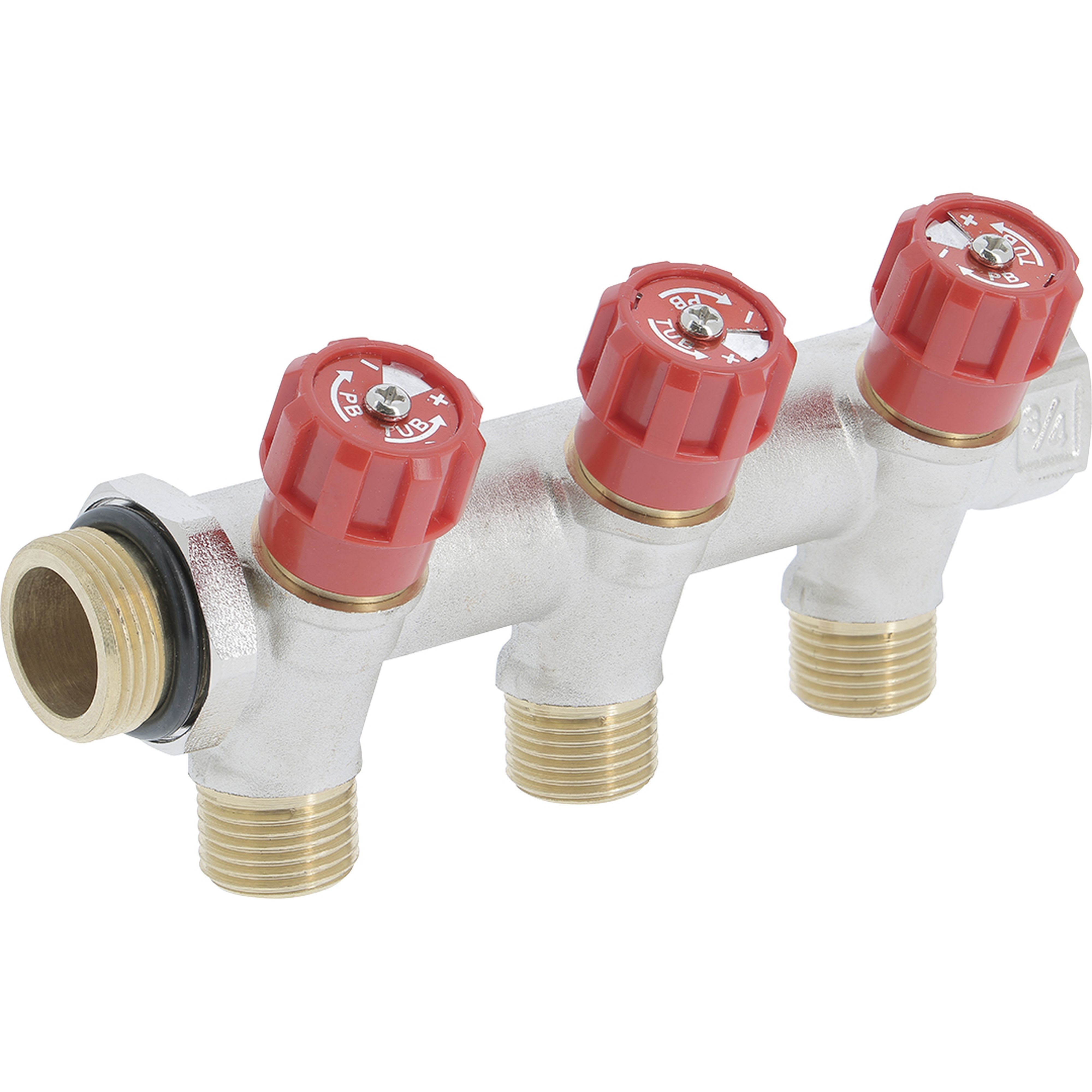 PB Tub - Collecteur 3/4"Robinet Rouge-3 dériv1/2" Entraxe 50mm-Ø27mm-Système Alignement