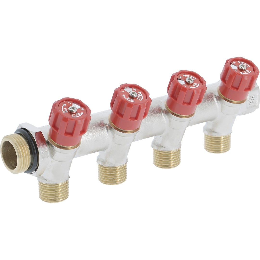 PB Tub - Collecteur 3/4"Robinet Rouge-4 dériv1/2" Entraxe 50mm-Ø27mm-Système Alignement