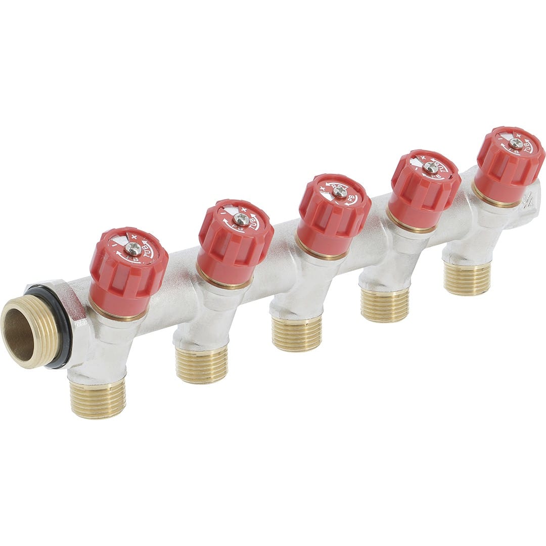 PB Tub - Collecteur 3/4"Robinet Rouge-5 dériv1/2" Entraxe 50mm-Ø27mm-Système Alignement