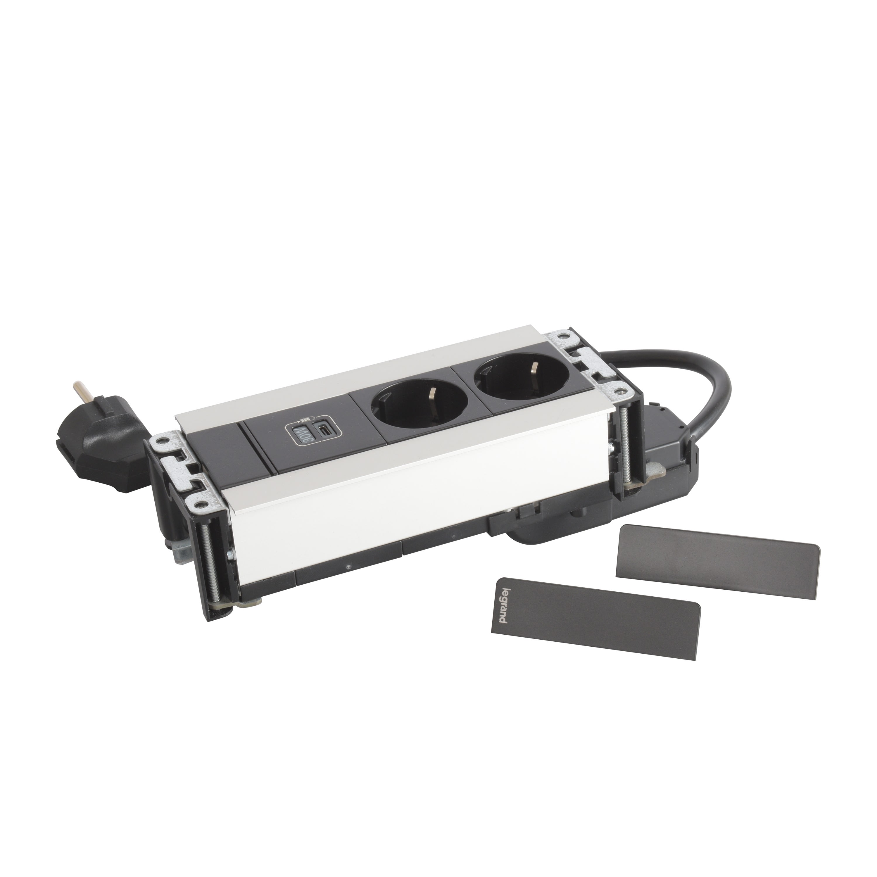Planet Wattohm - Prise Multilink horiz. pour mobilier 2x2P+T Schuko + USB C 30W - cord 2m - métal