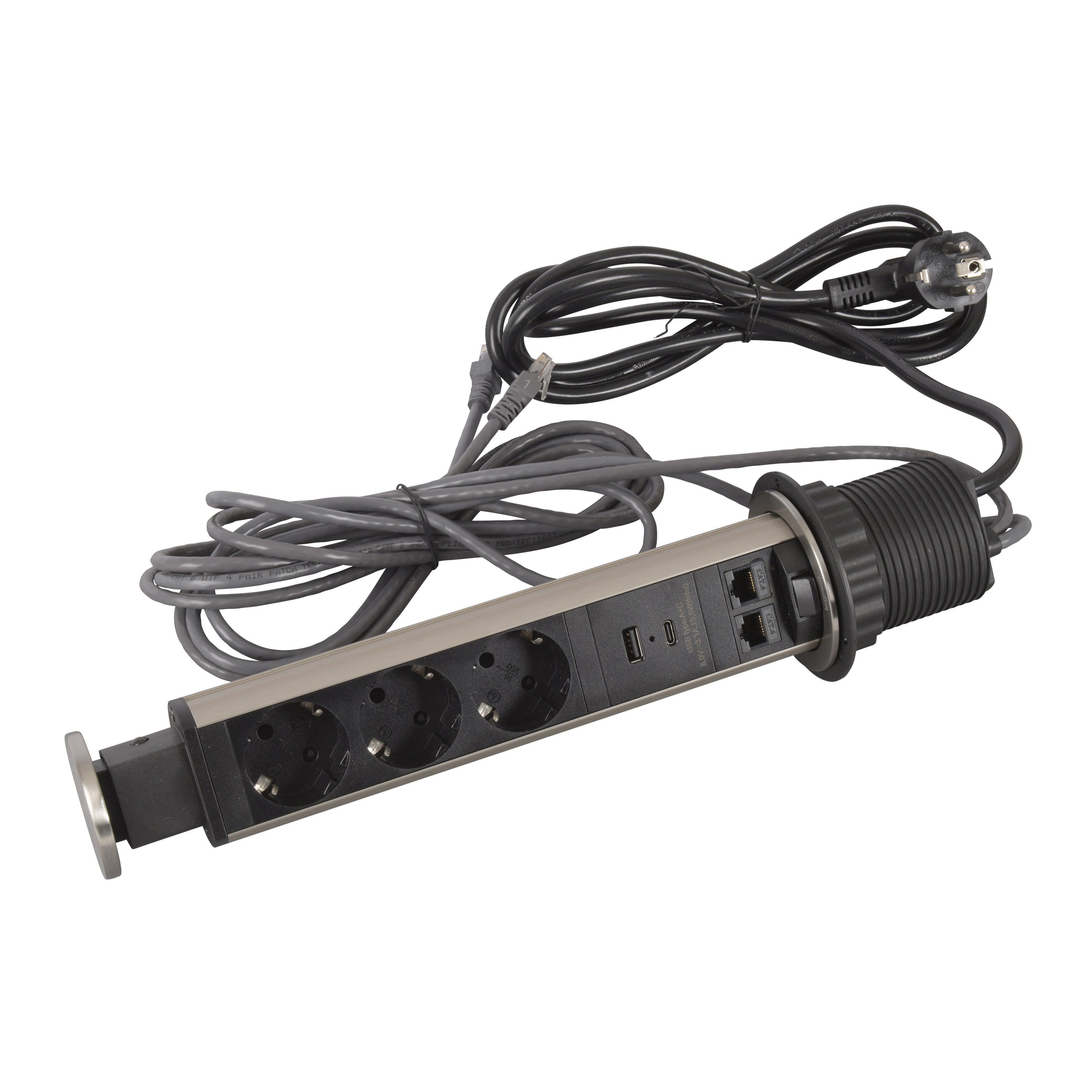Planet Wattohm - Tower 60 Incara Ø60mm 3x2P+T Schuko + 2 RJ45 + 1 prise USB A+C - cordon 2m