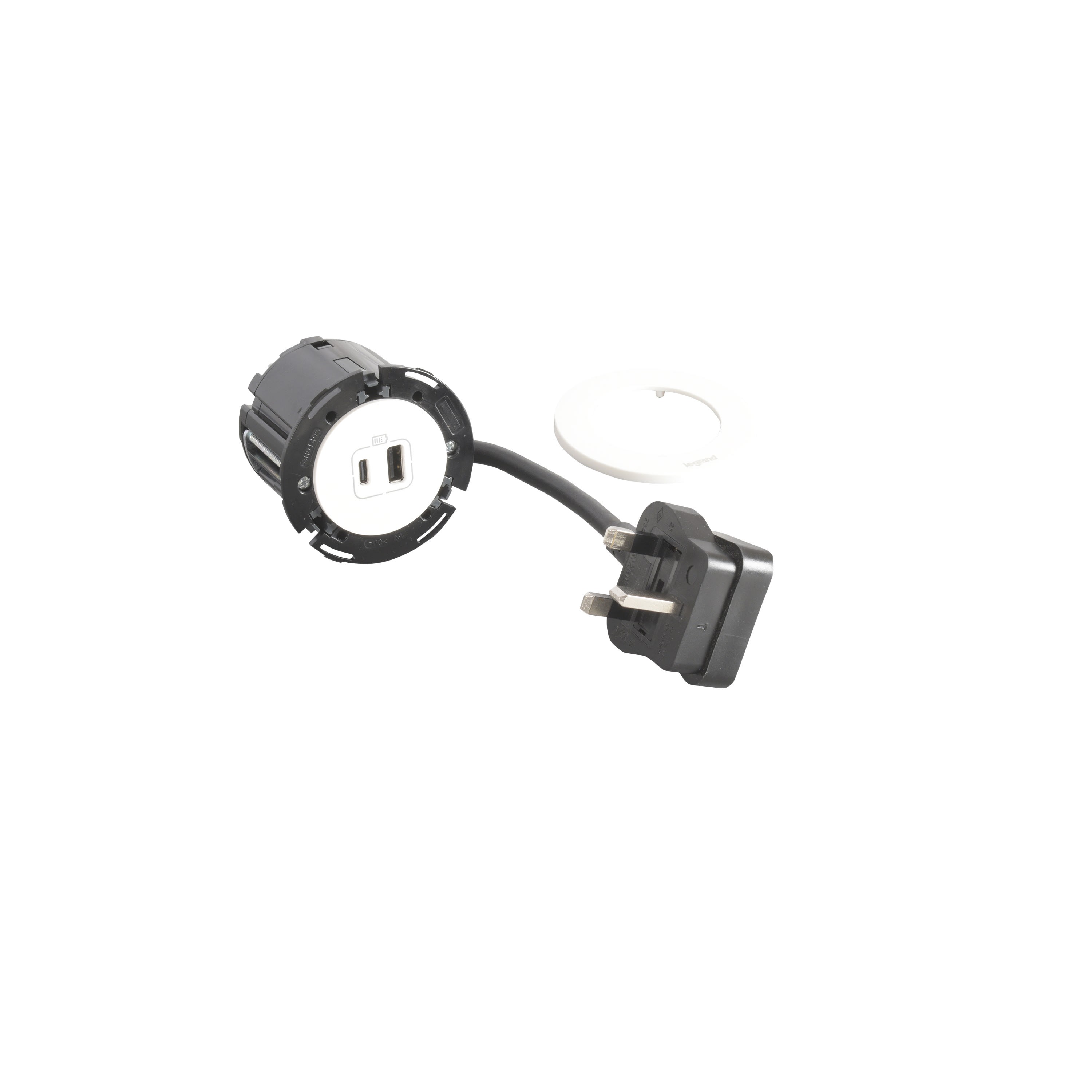 Planet Wattohm - Disq60 Incara chargeur USB A+C et cordon 2m fiche BS - blanc