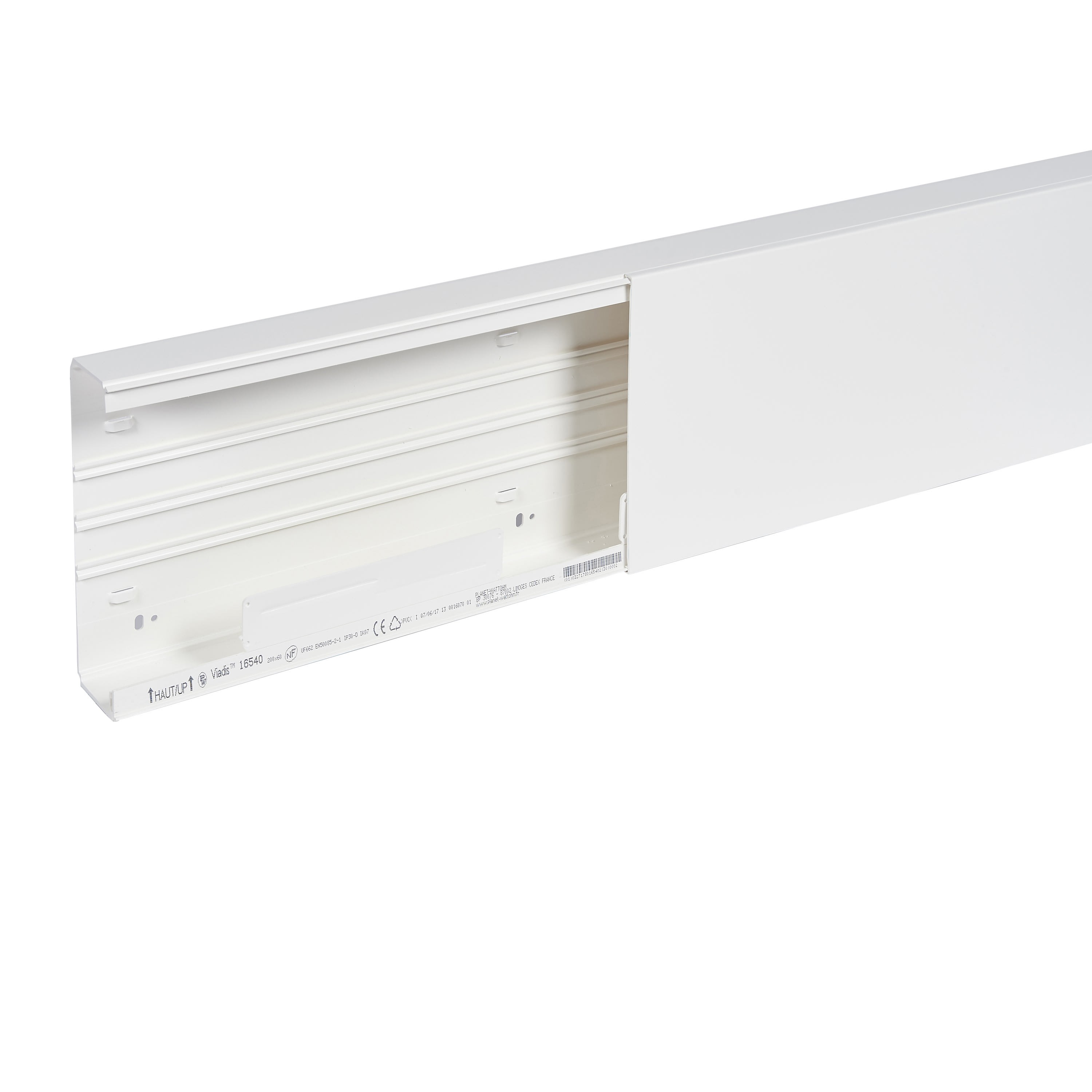 Planet Wattohm - Goulotte distribution Viadis 200x60mm-Fond+couvercle-1 compart-Longueur 2m-Blanc