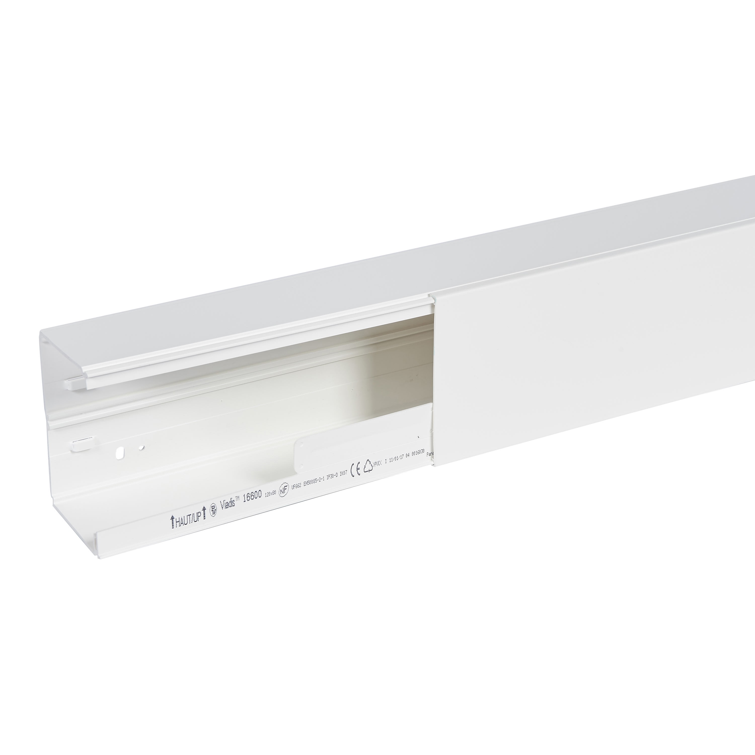 Planet Wattohm - Goulotte distribution Viadis 120x80mm-Fond+couvercle-1 compart-Longueur 2m-Blanc