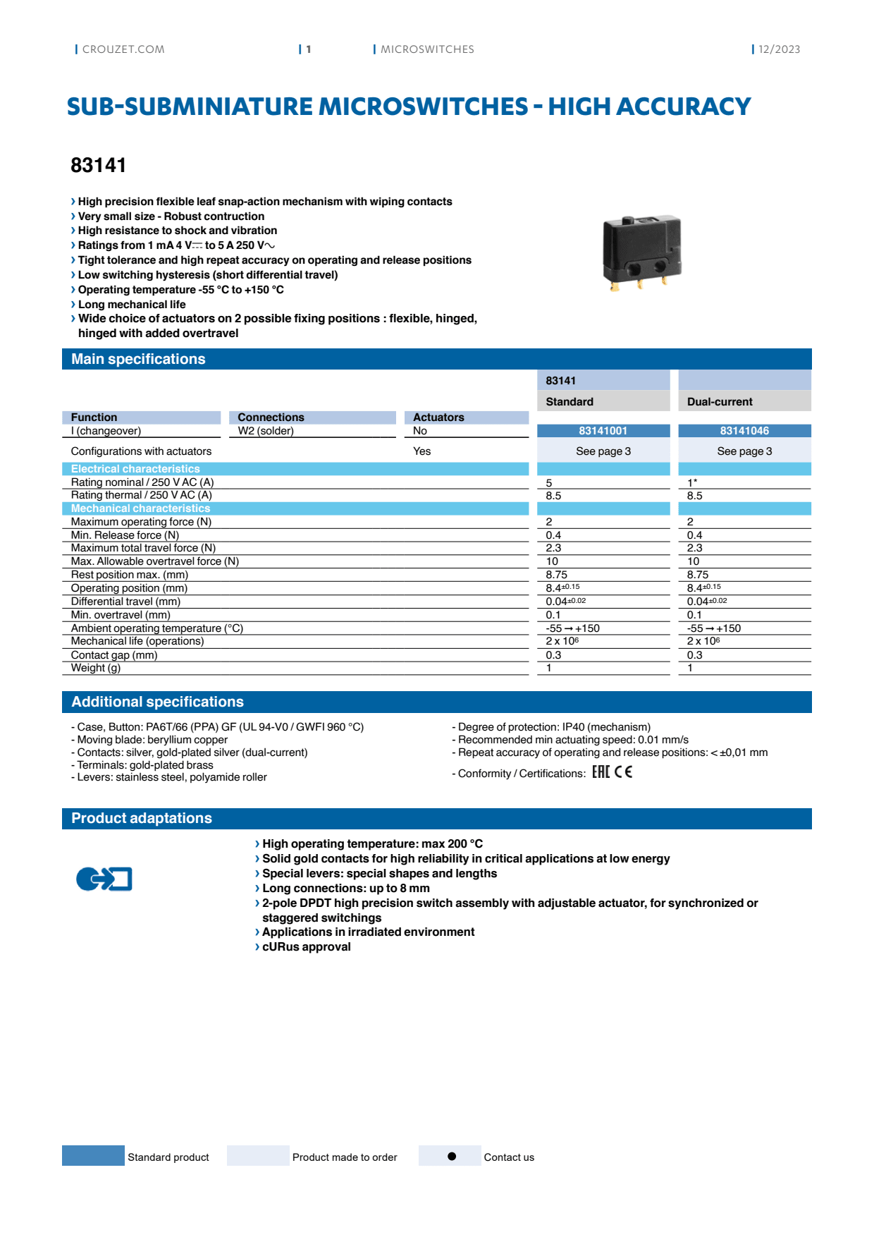 Crouzet - Microswitch, Miniature, 83137 Series, 831370 I W3 DORE SP286750
