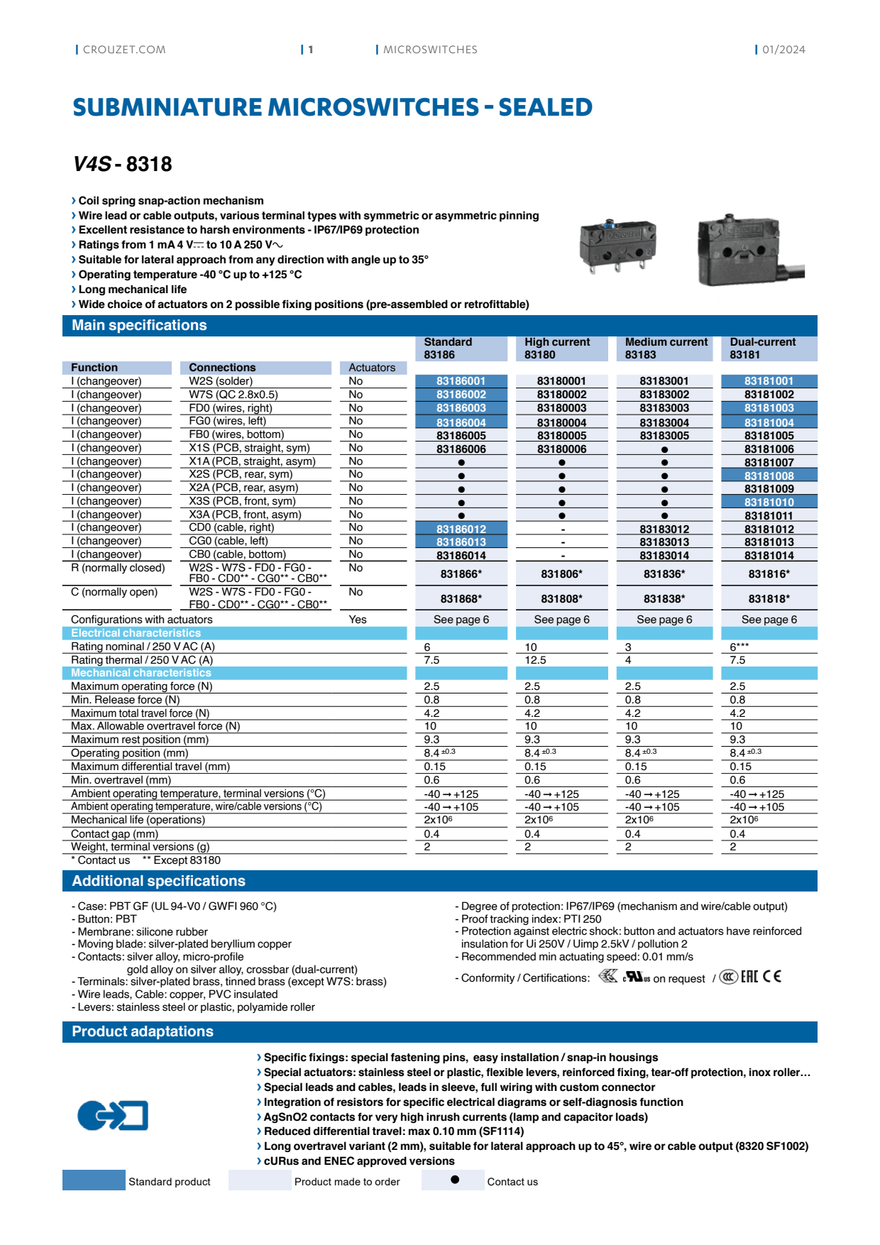 Crouzet - Microswitch, Subminiature, V4S-8318 Series, 83183 I X1A UL/ENEC