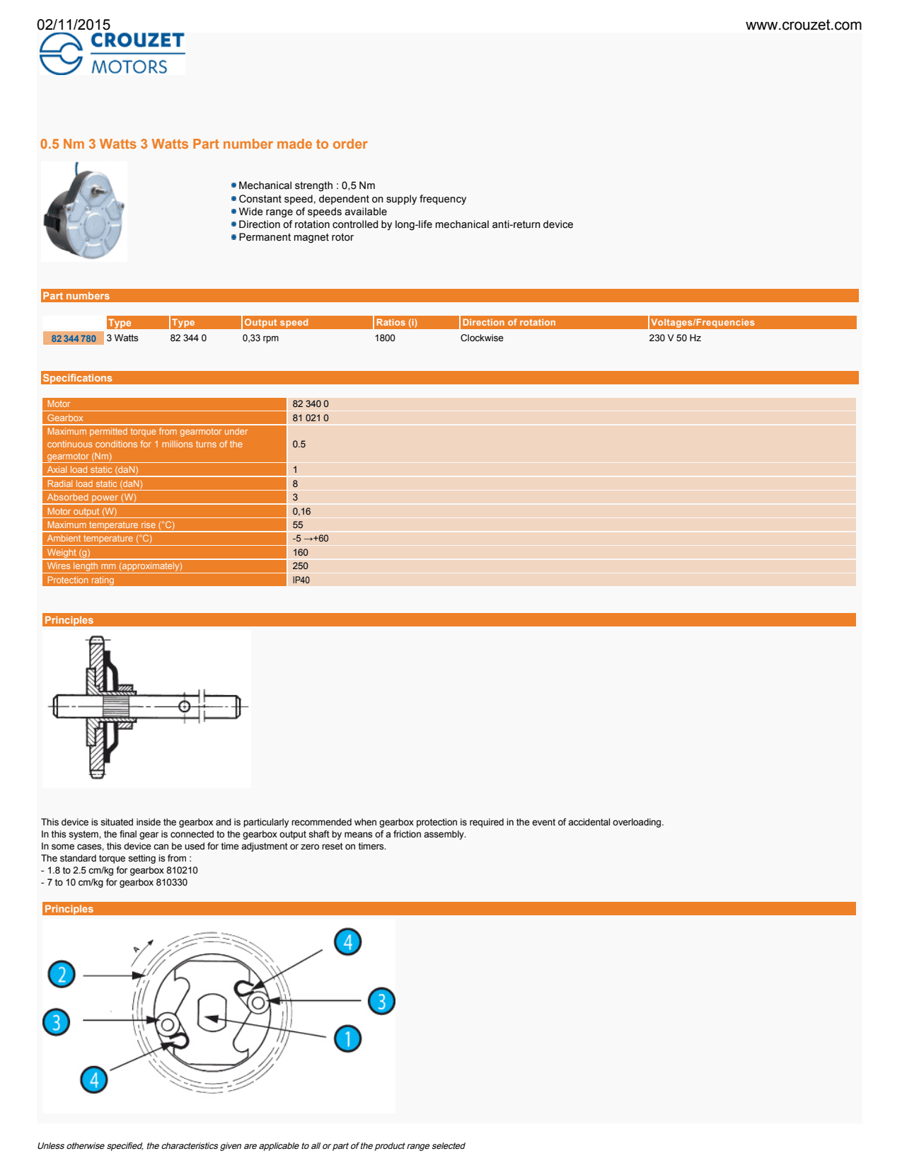 Crouzet - Synchronous Geared Motor 823040, Dir. = CW, 1/45RPM V = 24, Hz = 50