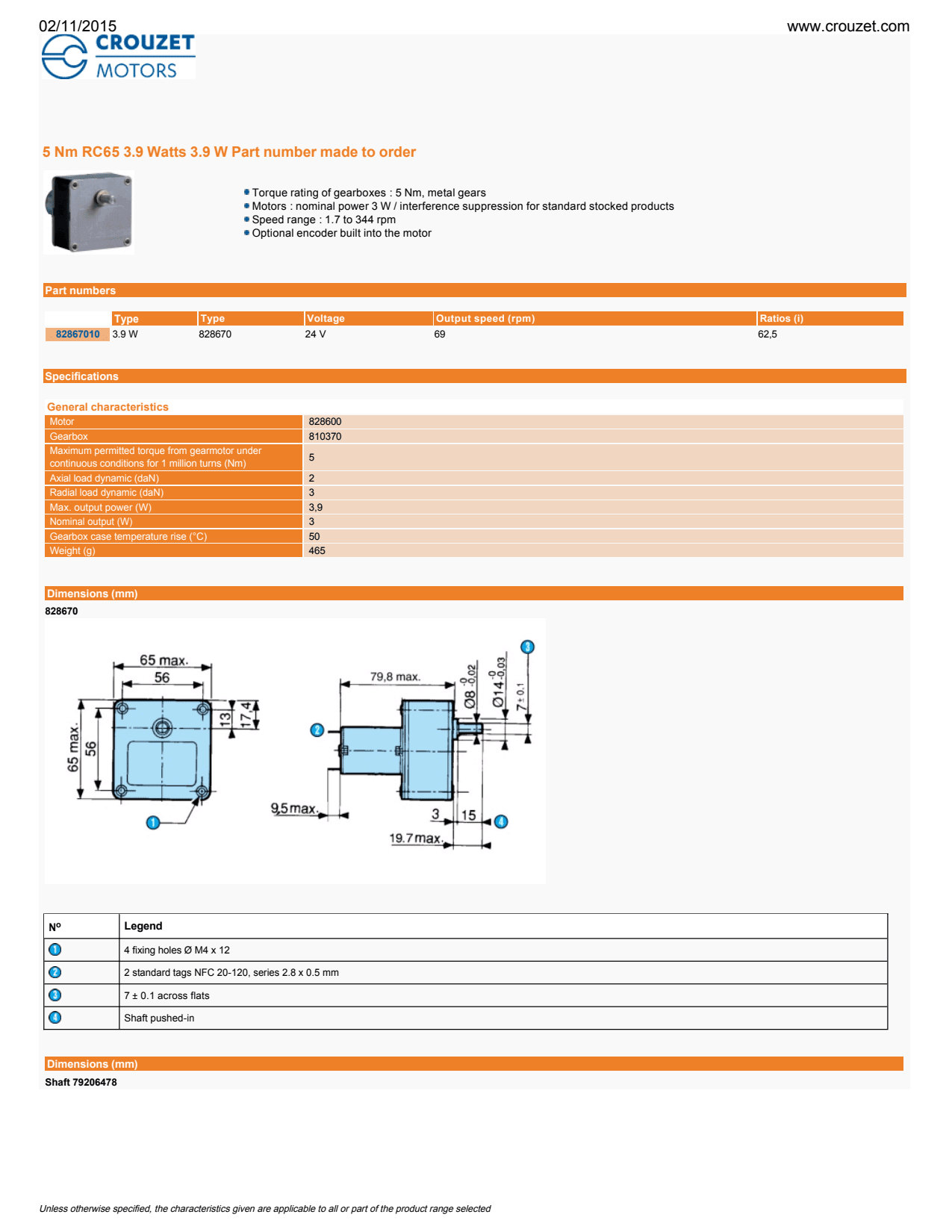 Crouzet - DC Brush Motor 828400 5000 RPM, VDC = 24, Dir. = 2, Con. = Tabs, Fil. = Var.