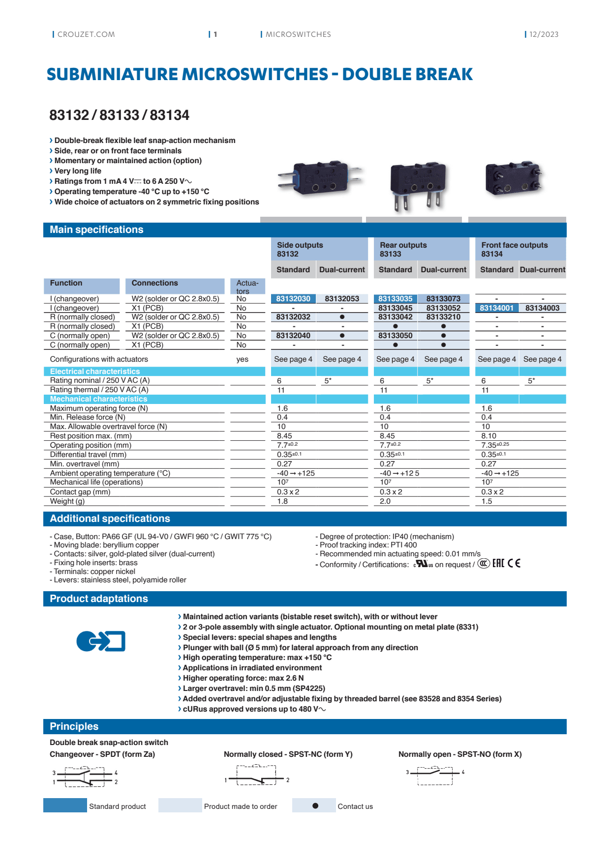 Crouzet - Microswitch, Classic, 83123 Series, 83123 I 1.0