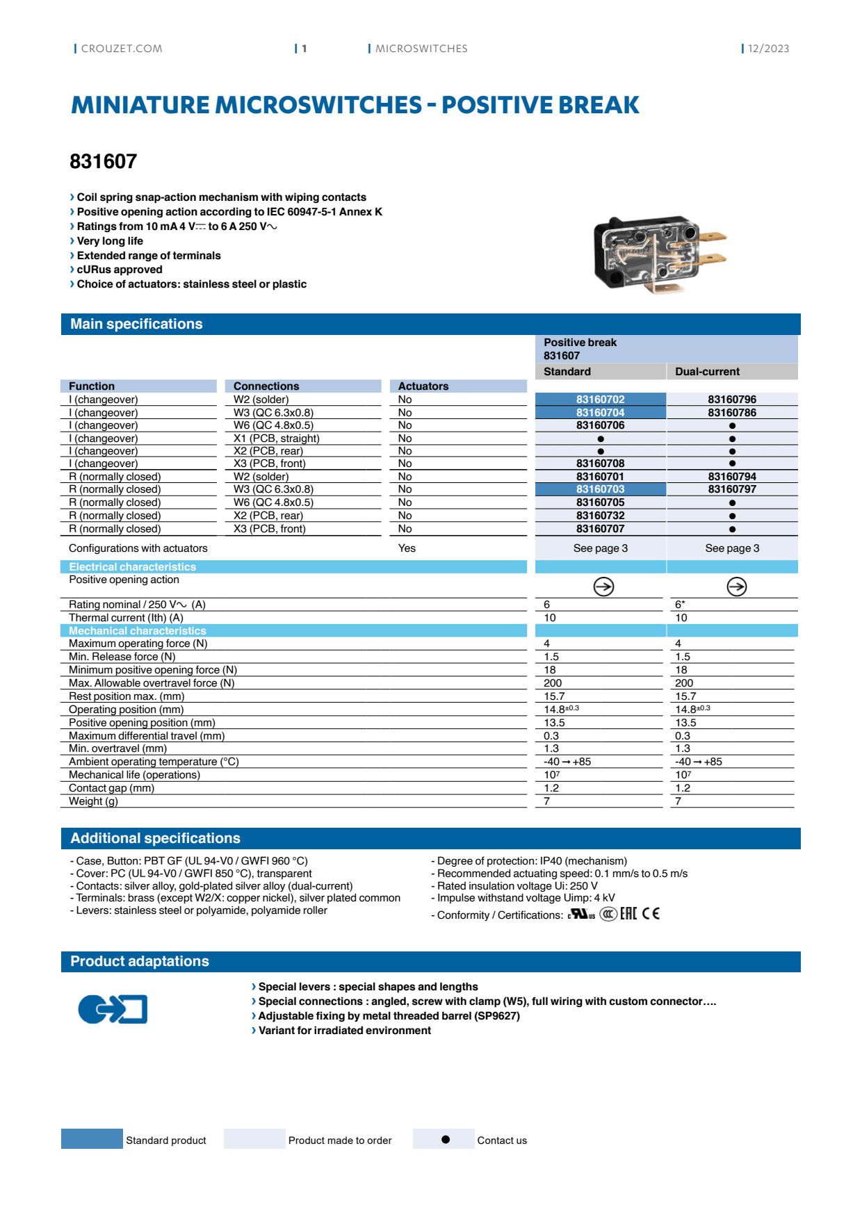 Crouzet - Microswitch, Miniature, 83160 Series, 831600 I W3