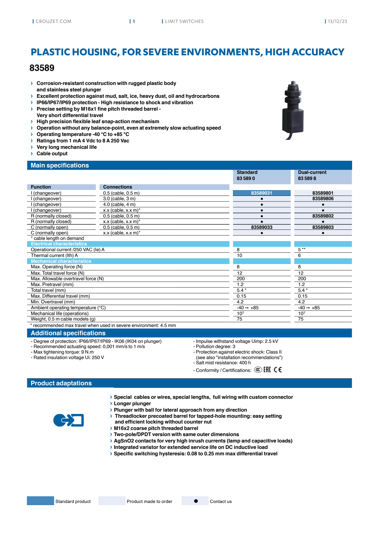 Crouzet - Microswitch, Miniature, V3DS-8329 Series, 83293 I W3