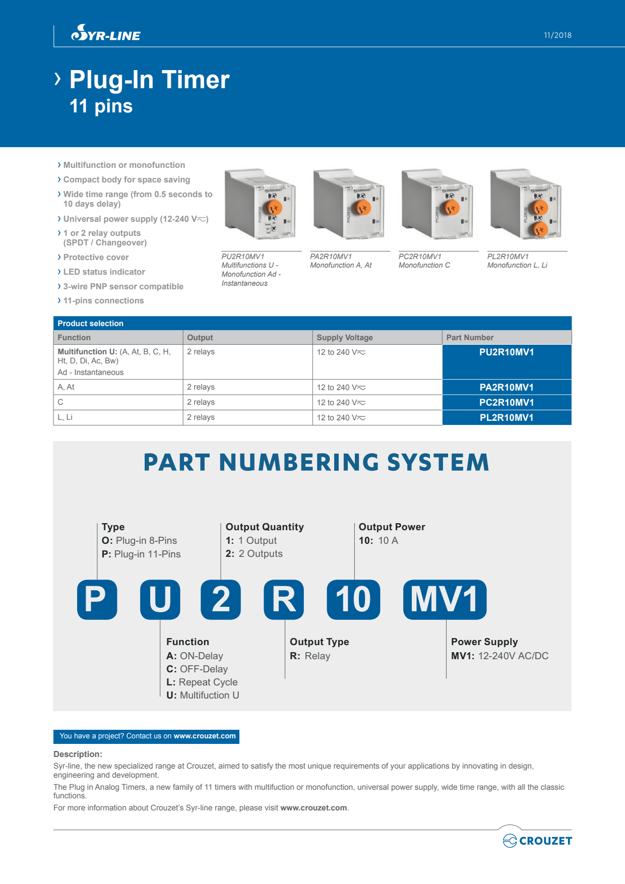 Crouzet - Syr-Line Plug-In Timer PA2R, 12-240 VAC/DC, 2 C/O, 10 A, 0.5 - 10 days, 35 mm