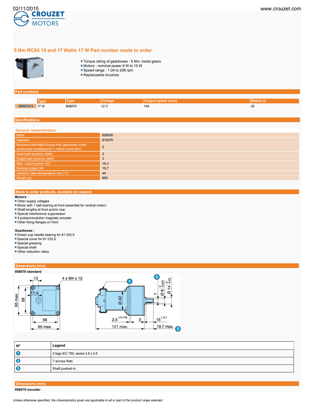 Crouzet - Synchronous Geared Motor 805270, Dir. = 2, V = 220-230, Hz = 50, Ratio = 250