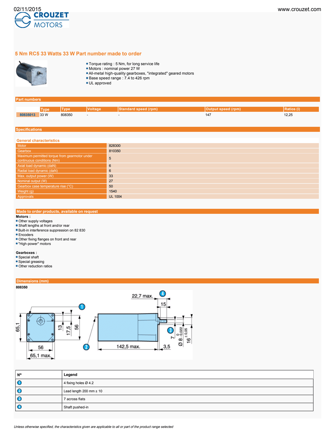 Crouzet - DC Brush Geared Motor 808040, Dir. = 2, 3000 RPM, VDC = 12, Ratio = 65