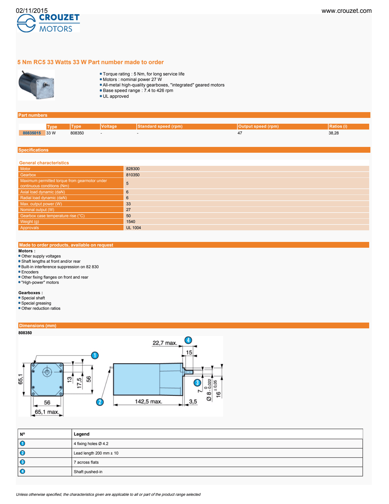 Crouzet - DC Brush Geared Motor 808050, Dir. = 2, 3000 RPM, VDC = 24, Ratio = 49