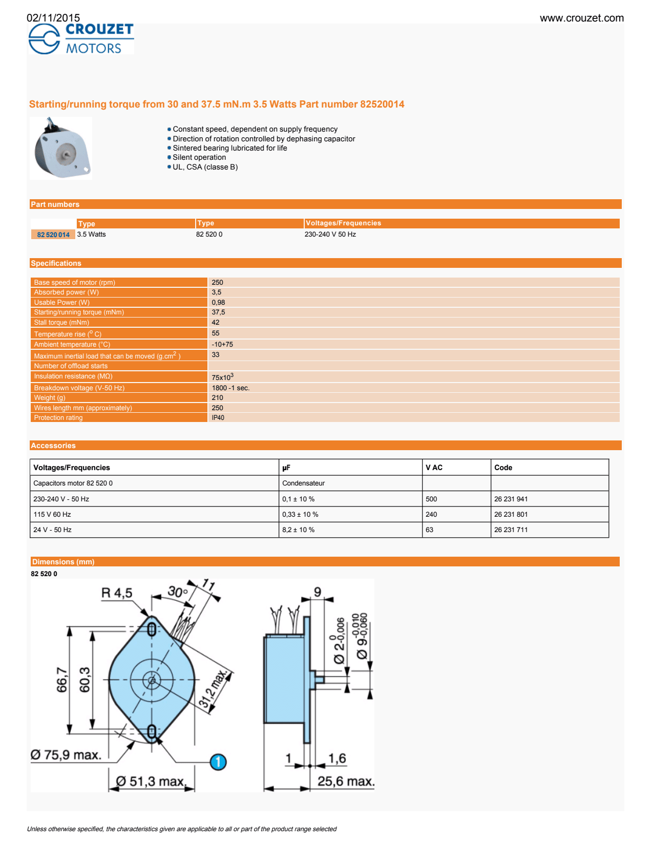 Crouzet - Synchronous Geared Motor 823345, Dir. = CCW 60RPM V = 230, Hz = 50, Shaft = Std