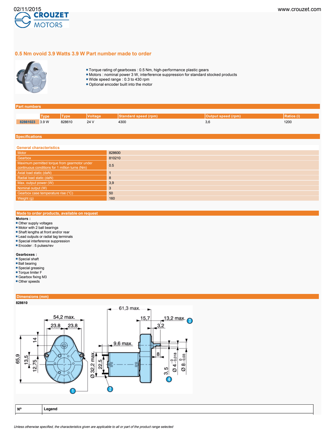 Crouzet - DC Brush Geared Motor 828020, Dir. = 2, 3000 RPM, VDC = 24, Ratio = 130/3