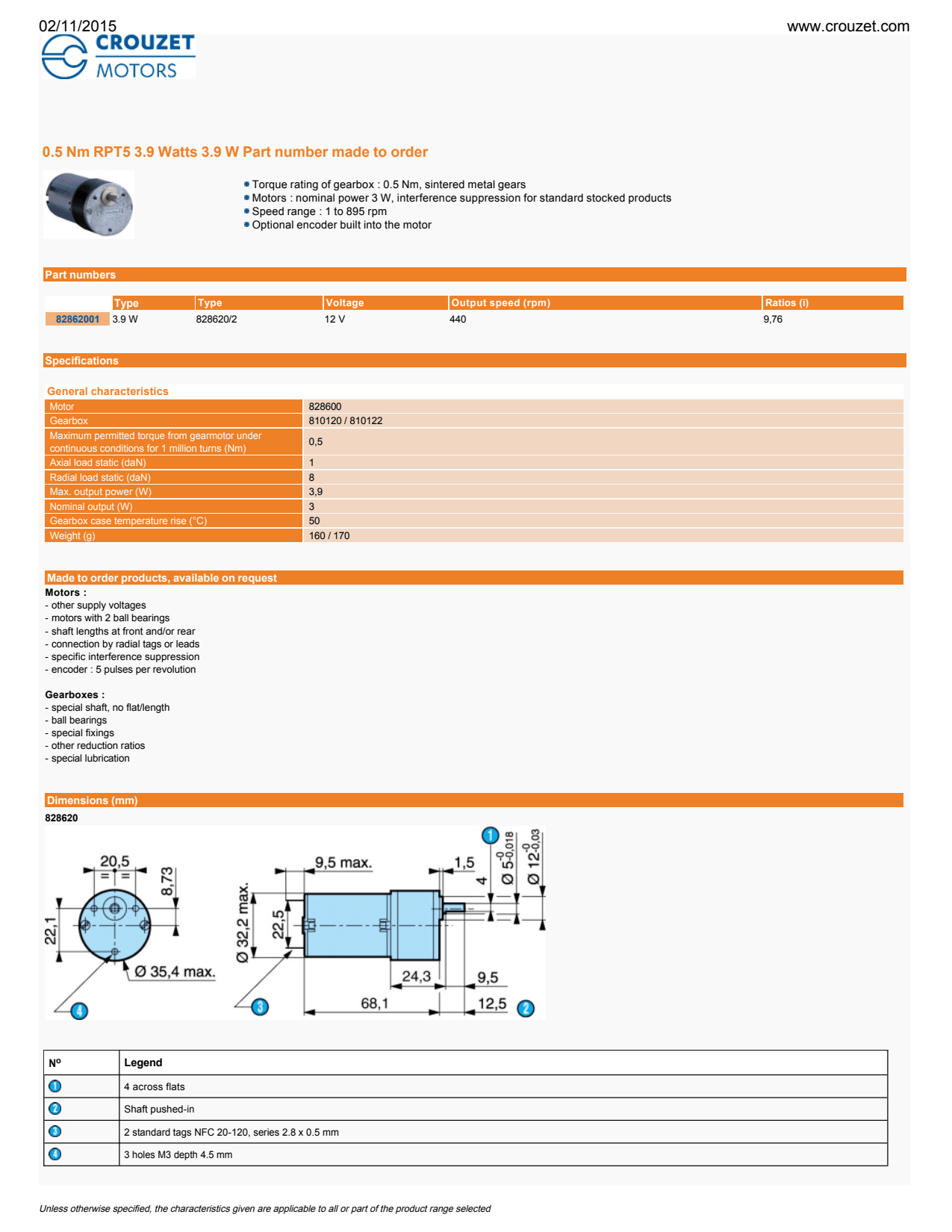Crouzet - DC Brush Geared Motor 828025, Dir. = 2, 3000 RPM, VDC = 12, Ratio = 650/3