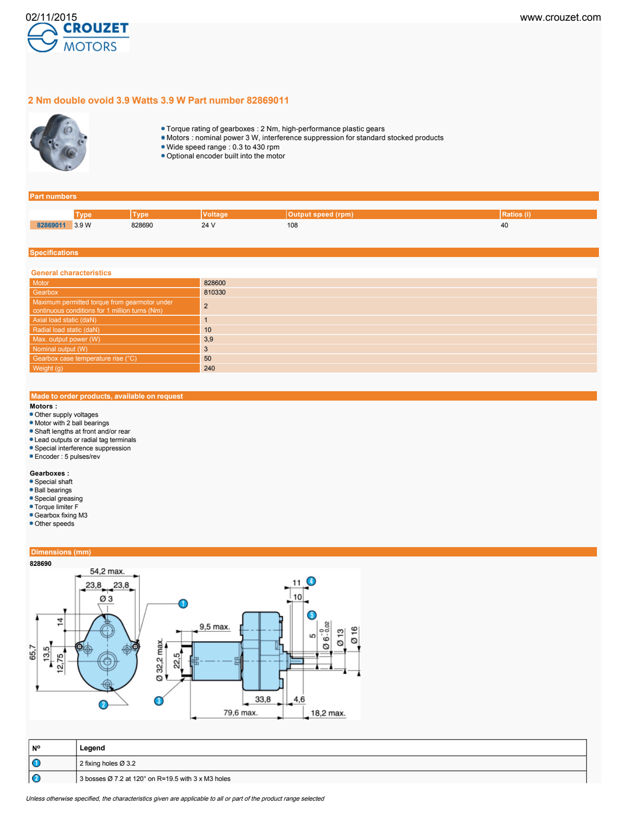 Crouzet - DC Brush Geared Motor 828610 Dir.=2 5000RPM VDC=24 Con.=Tabs Fil.=Var. Ratio=200