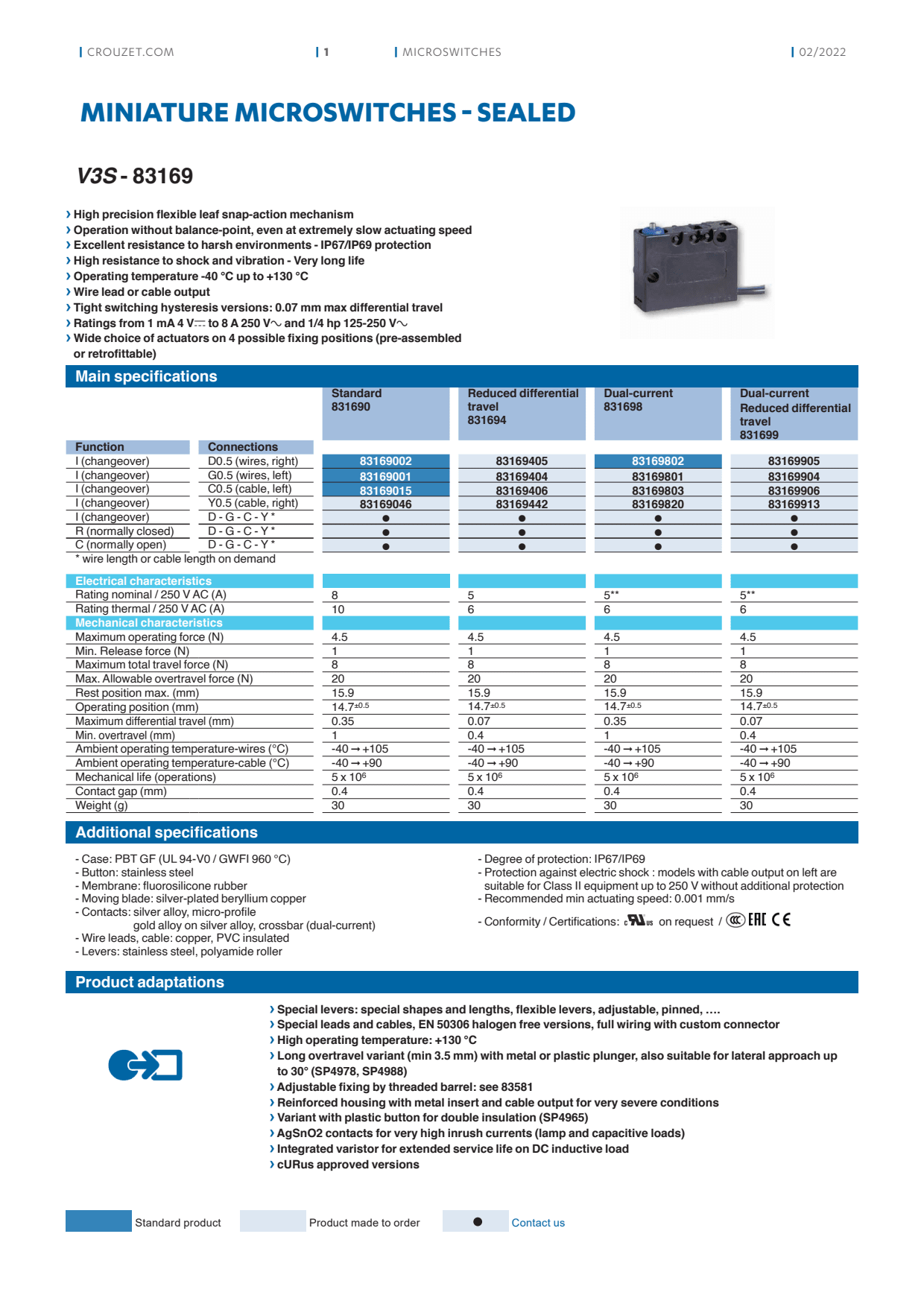 Crouzet - Microswitch, Miniature, V3S-83169 Series, 831690 I C3.0 139AX R29.7
