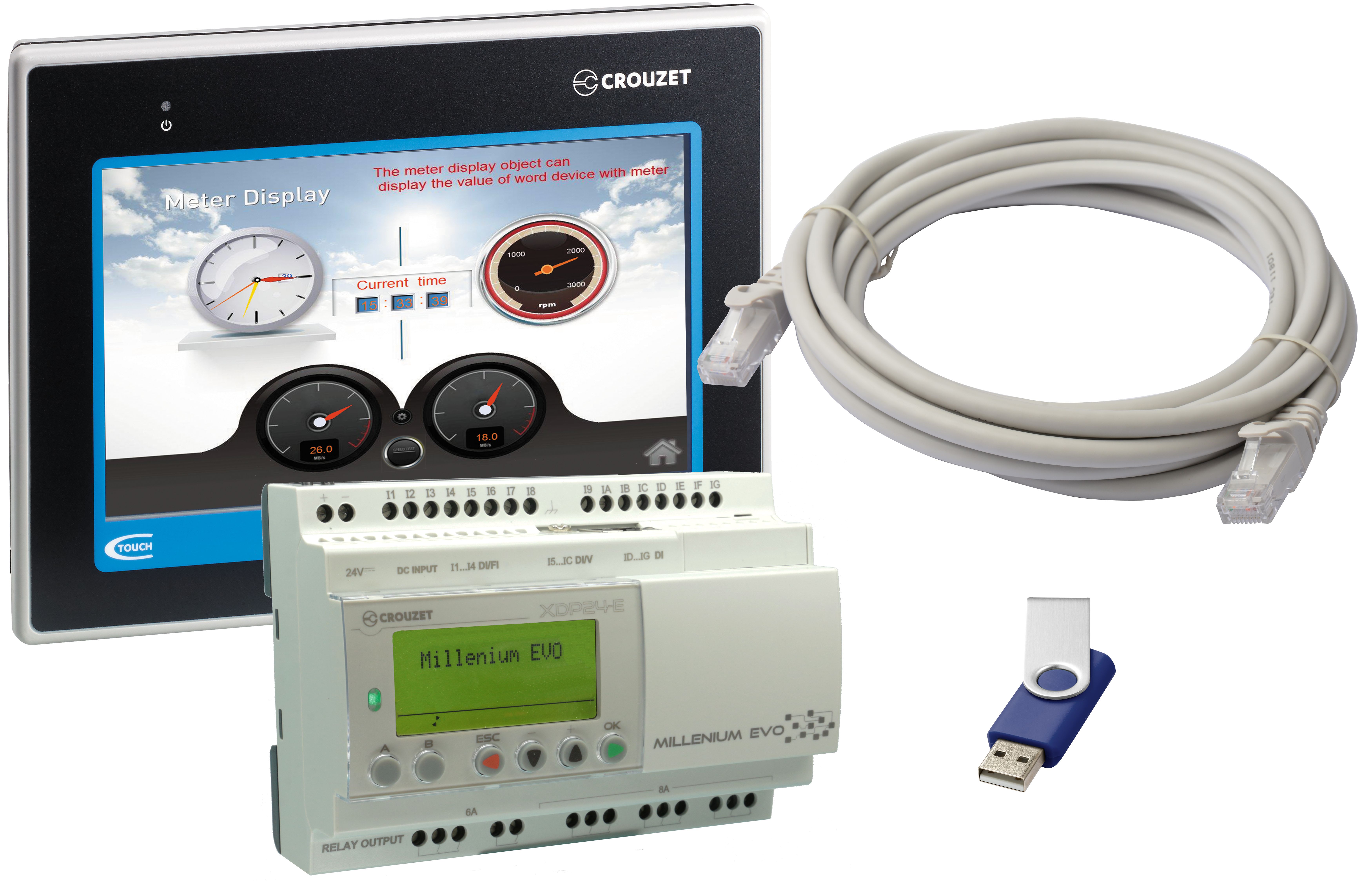 Crouzet - Millenium Evo Kit, Controller Xdp24-E + Crouzet Touch Ctp107-E, Cable, Software