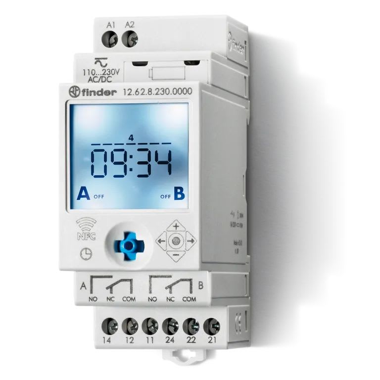 Finder - Horloge hebdomadaire digitale 2 inverseurs 16A 110 à 230V AC/DC, NFC