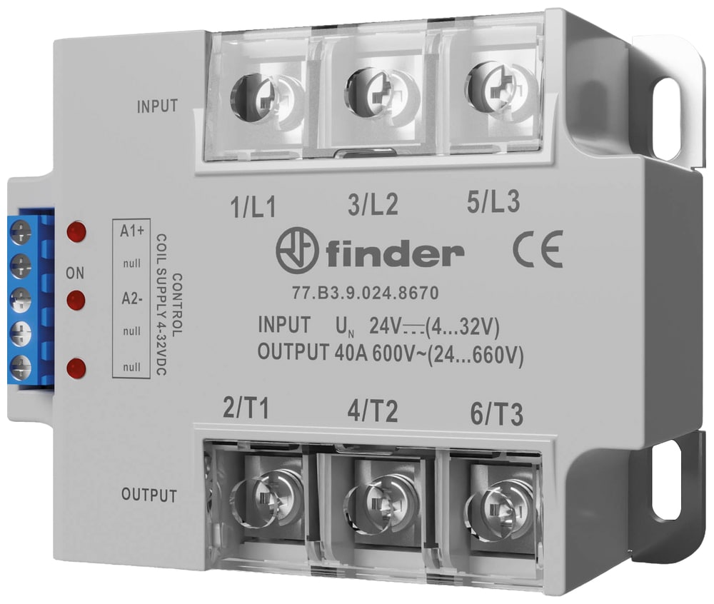 Finder - Relais statique pavé triphasé 3NO 60A 24V DC, commut instantanée, sortie 600VAC