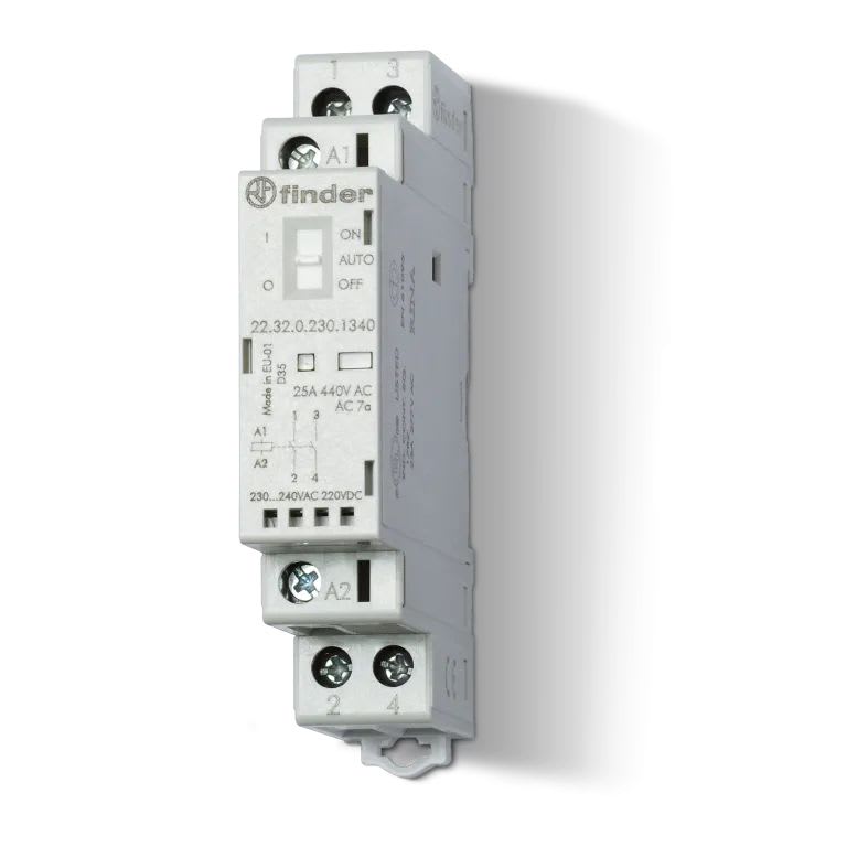 Finder - Contacteur 2NO 25A 12V AC-DC, AgSnO2, indicateur meca + LED + selecteur