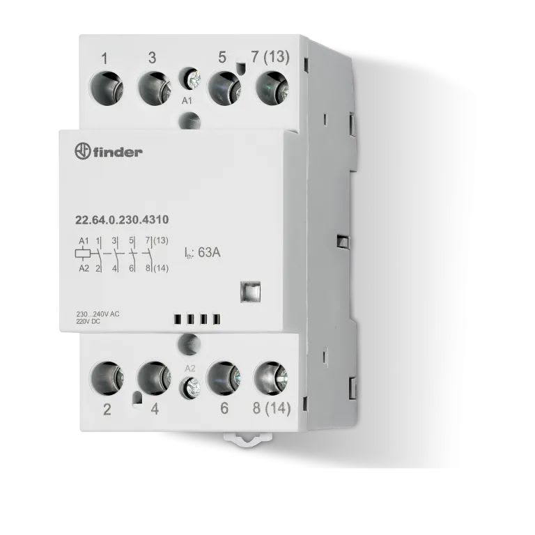 Finder - Contacteur modulaire 3NO+1NC 63A 24V AC/DC, AgSnO2,indicat méca,contact miroir
