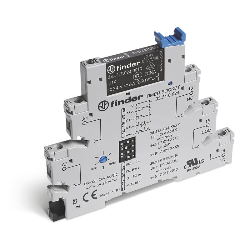 Finder - Interface électromécanique temporisé 1RT 6A 12V AC/DC, bornes à cage