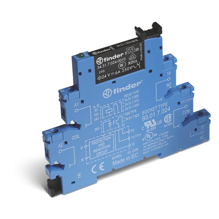 Finder - Interface modulaire à relais 1RT 6A 6V DC sensible, AgNi + Au, bornes à cage