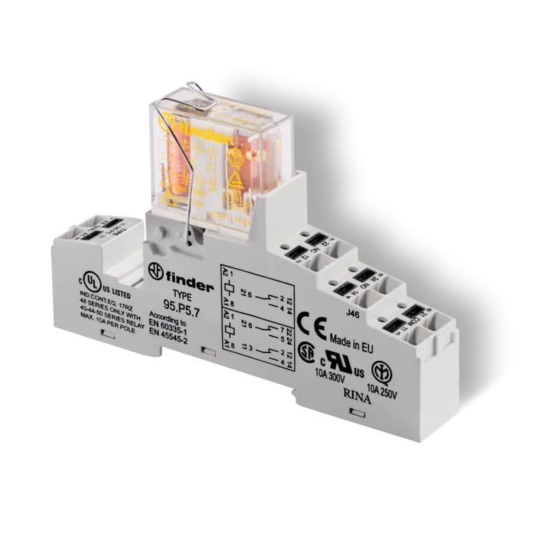 Finder - Interface relais de sécurité 2RT 8A 24V DC, étrier métallique, bornes Push-in
