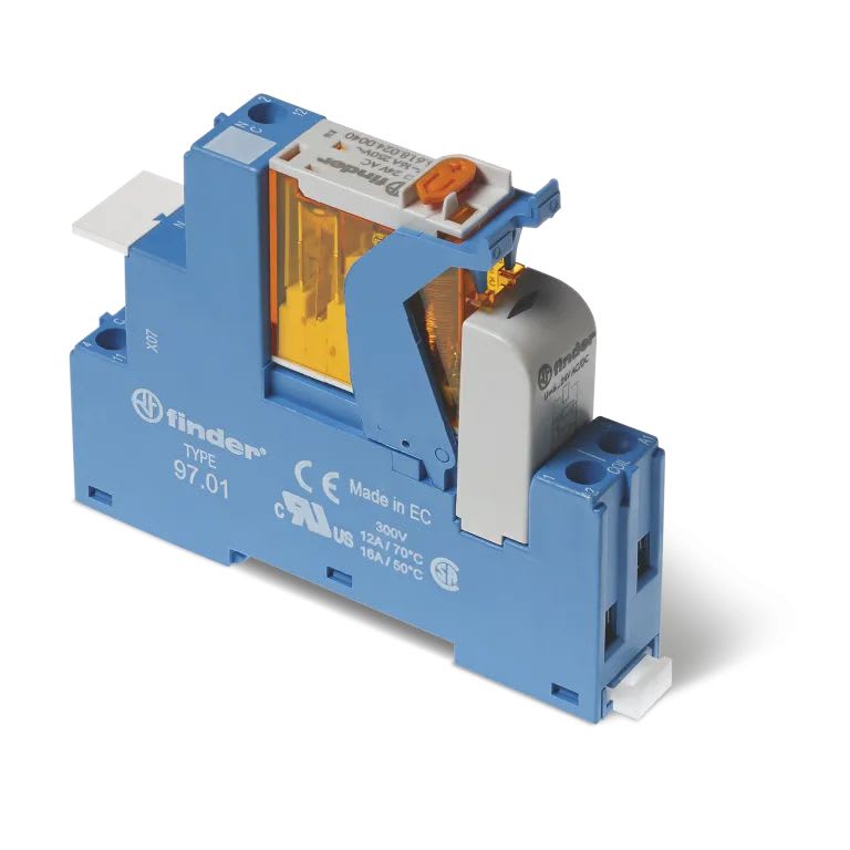 Finder - Interface 1RT 16A 125V DC, étrier plastique, bornes à cage, sortie d'automate