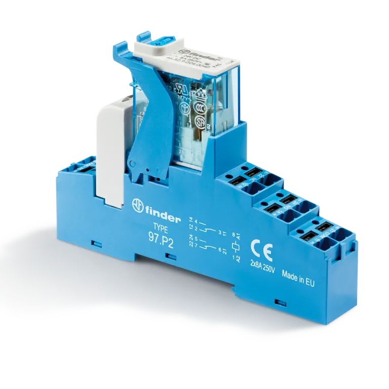 Finder - Interface 2RT 8A 110V DC, étrier plastique, bornes Push-in, sortie d'automate