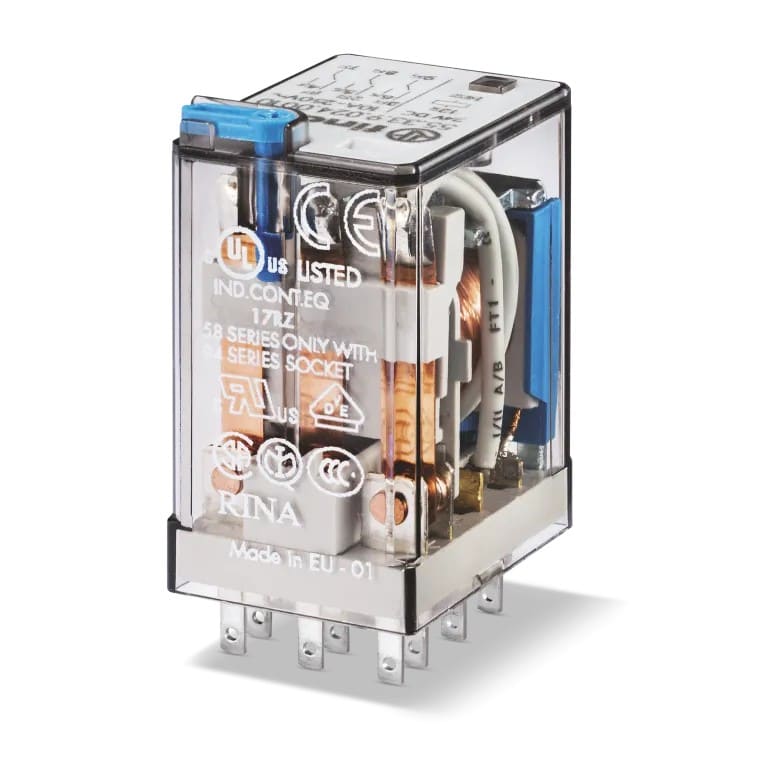 Finder - Relais industriel 3RT 10A 12V DC, bouton test, AgNi + Au