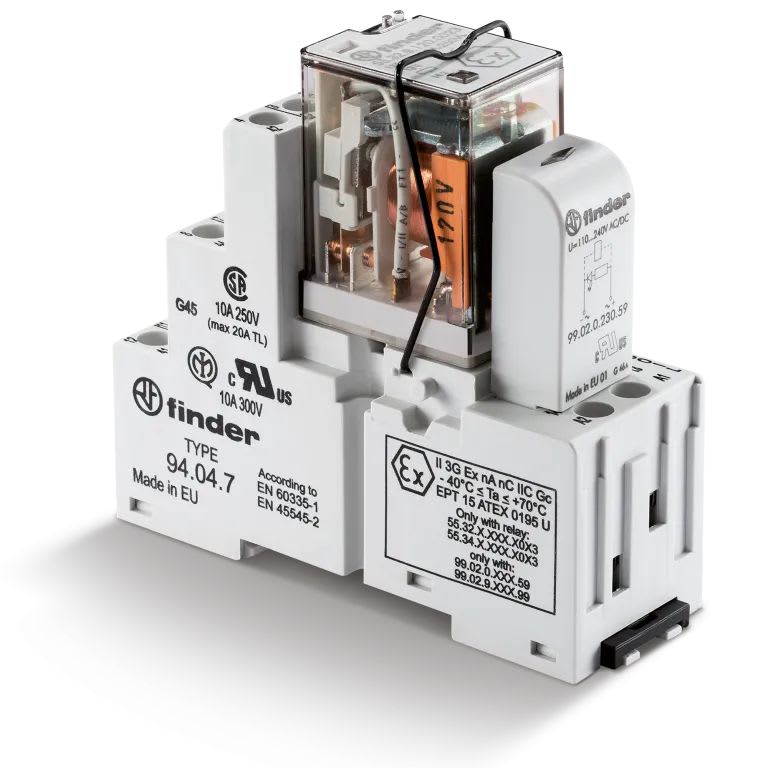 Finder - Interface 2RT 10A 230V AC, étrier métal, indic méca + LED, ATEX