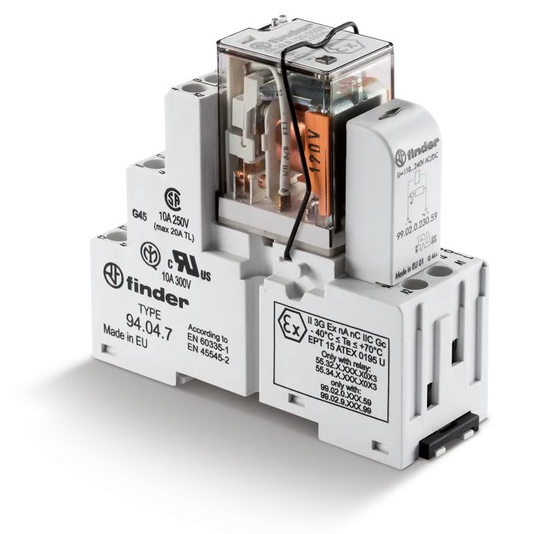 Finder - Interface 4RT 7A 110V AC, étrier métal, à cage, indic méca + LED, ATEX