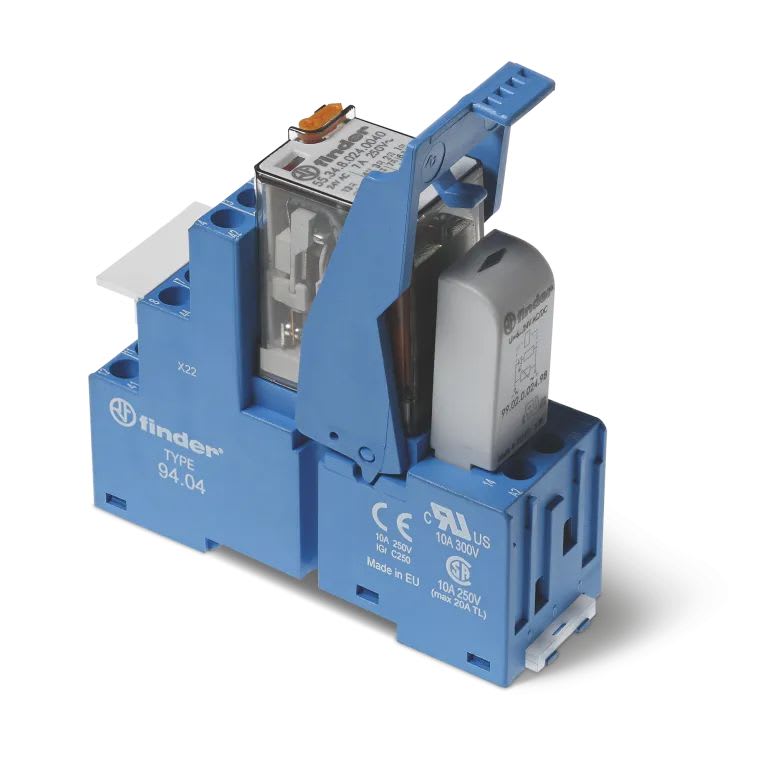 Finder - Interface 4RT 7A 12V AC, étrier métal, à cage, LED + varistor